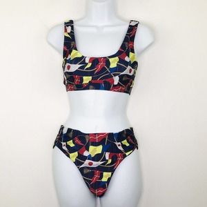 Muze Women's S/M Bikini Set High Waisted Swimwear Stretch Flags Navy Blue AK17